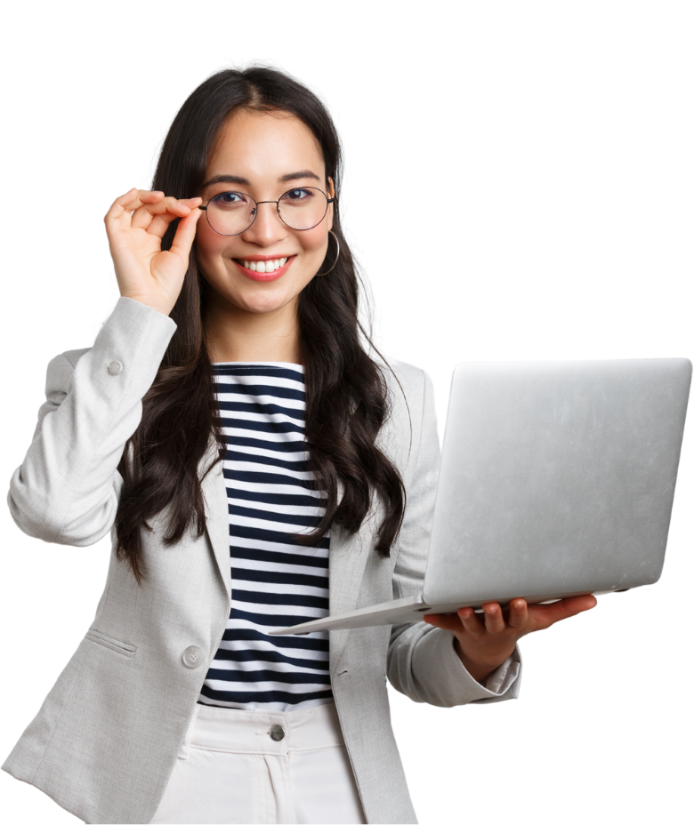 A smiling woman touching her glasses and holding a laptop, symbolizing confidence and professionalism in Cincinnati digital marketing.