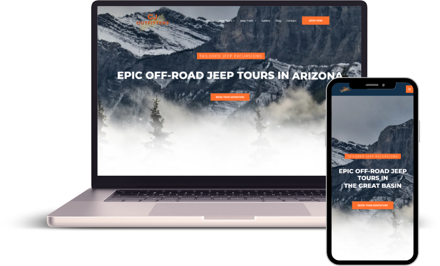 Laptop and mobile phone view of an off-road jeep tours website with vibrant visuals.