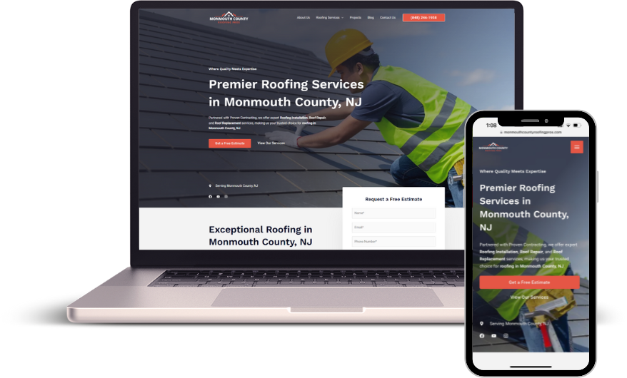 Laptop and mobile phone view of a roofing company's website, showing a clean and professional design.