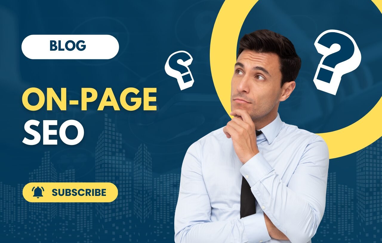 Man looking in curiosity at a title that says "On-page SEO."